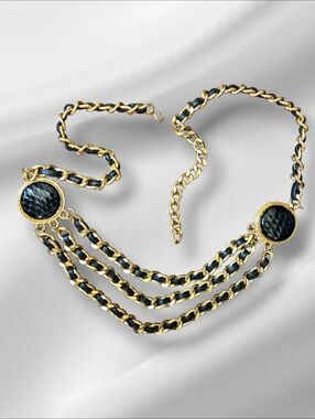 Vintage Gold Tone Multi Strand Chain Belt Black Faux Snakeskin Medallion Couture